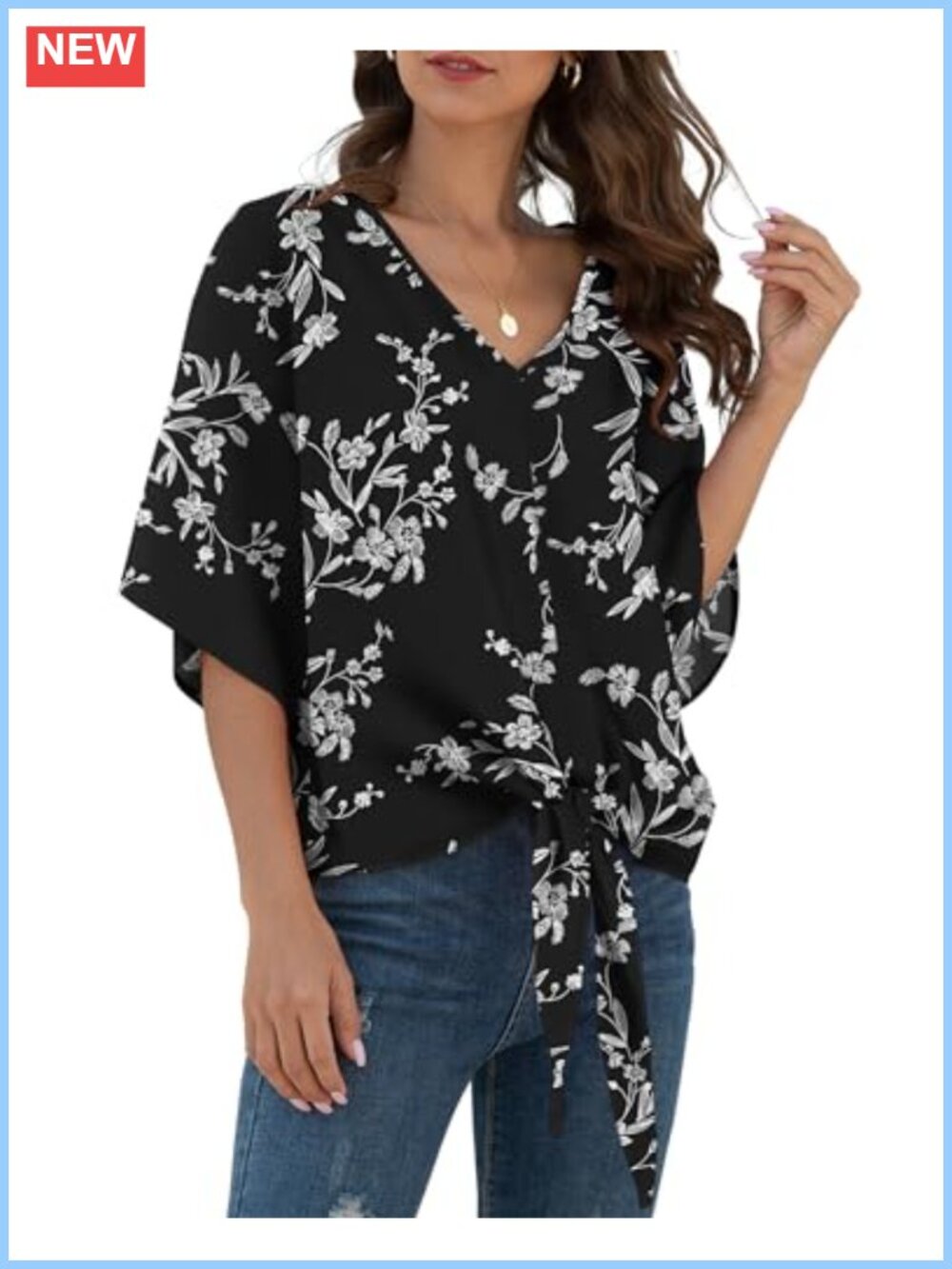 VIISHOW Womens Tie Front Chiffon Blouse V Neck Batwing Short Sleeve Summer Top